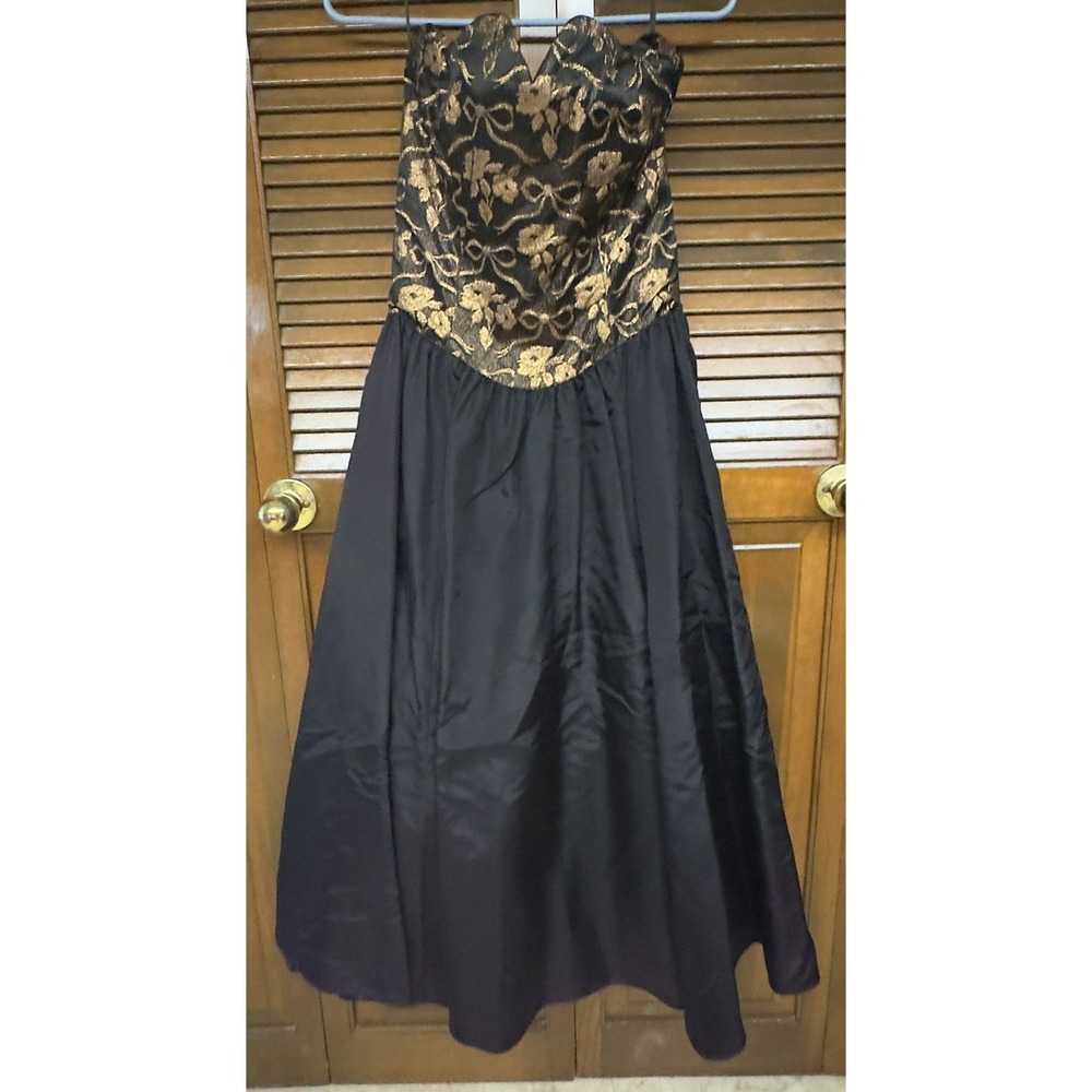 Vtg Gunne Sax By Jessica McClintock Strapless Black Gold Brocade Prom Dress 9